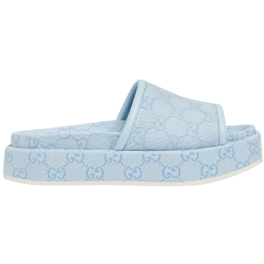 Gucci Light Blue GG Monogram Logo Canvas Mule Flat Slide Platform Sandal 39 - Picture 3 of 16